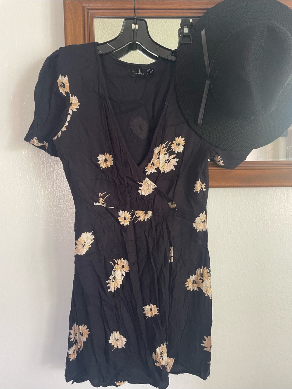 Volcom Black Mini Wrap Dress with Cream Floral Print